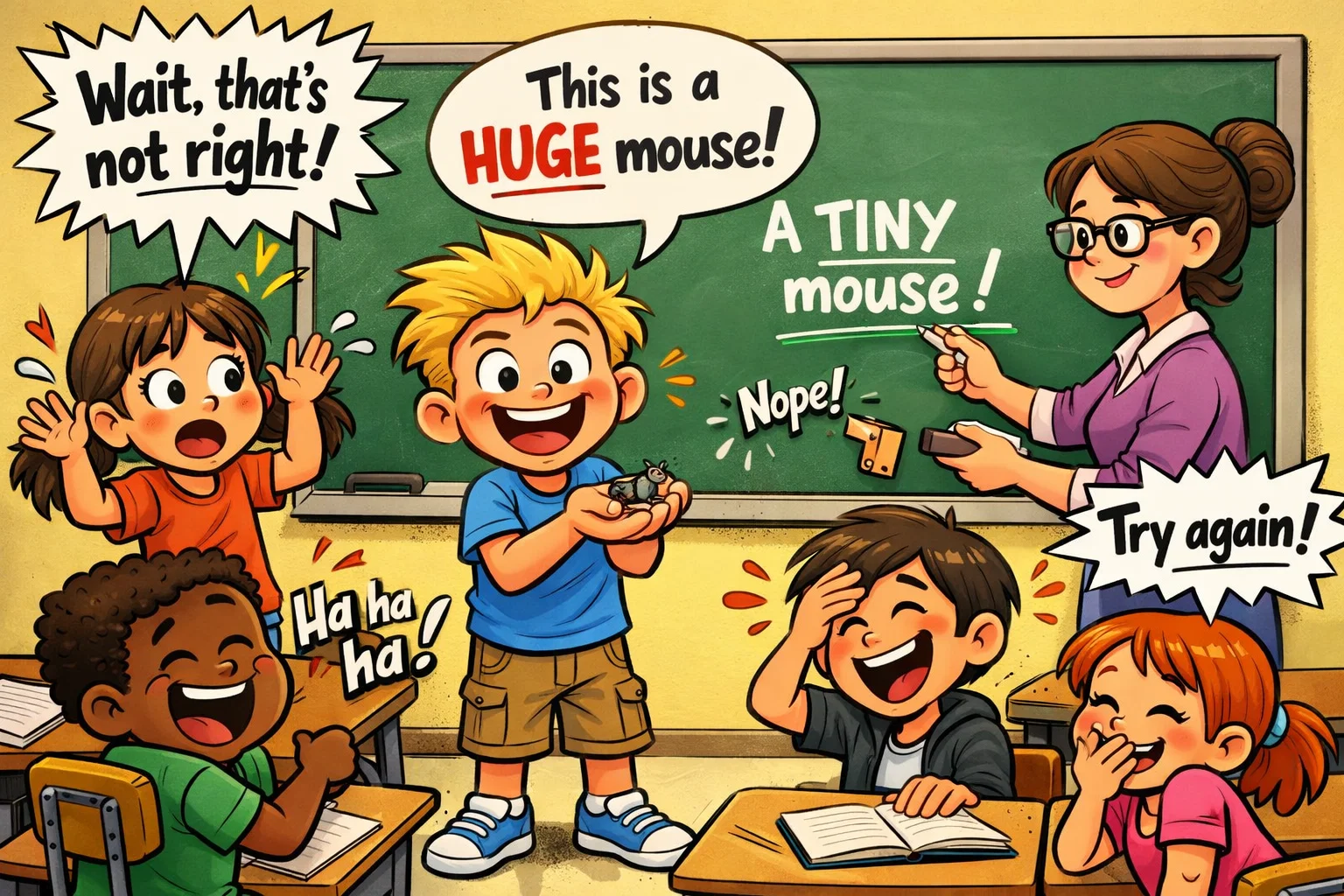 Common adjective mistakes kids make corrected in classroom learning scene.
