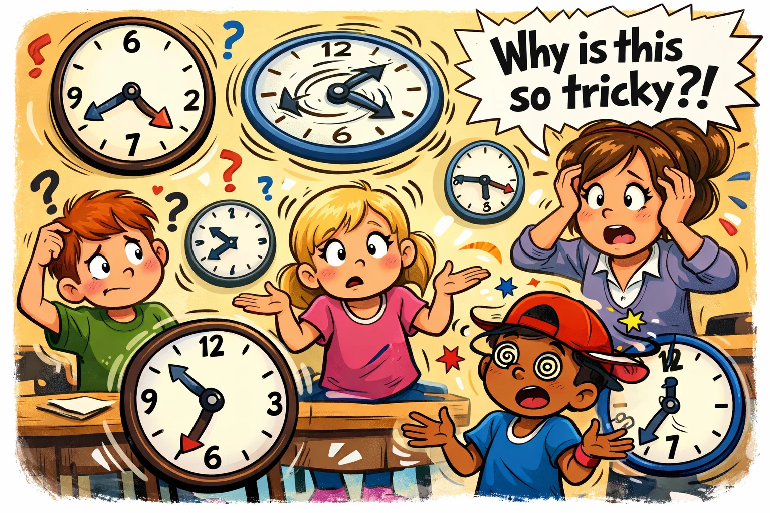 Common challenges in teaching kids to tell time with confused children and clocks.

