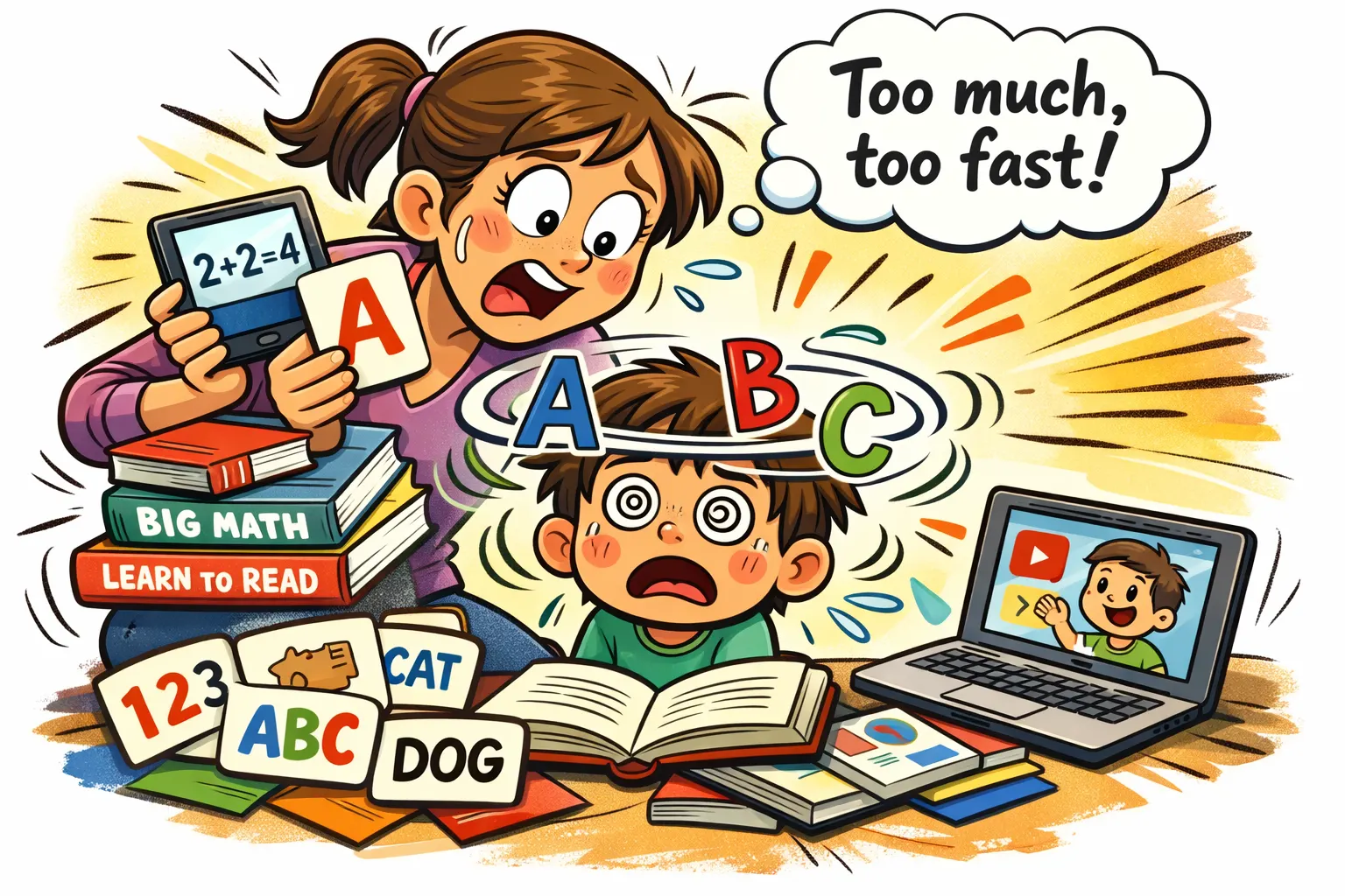 Common mistakes in alphabet learning shown by overwhelmed child with too many learning tools. 
