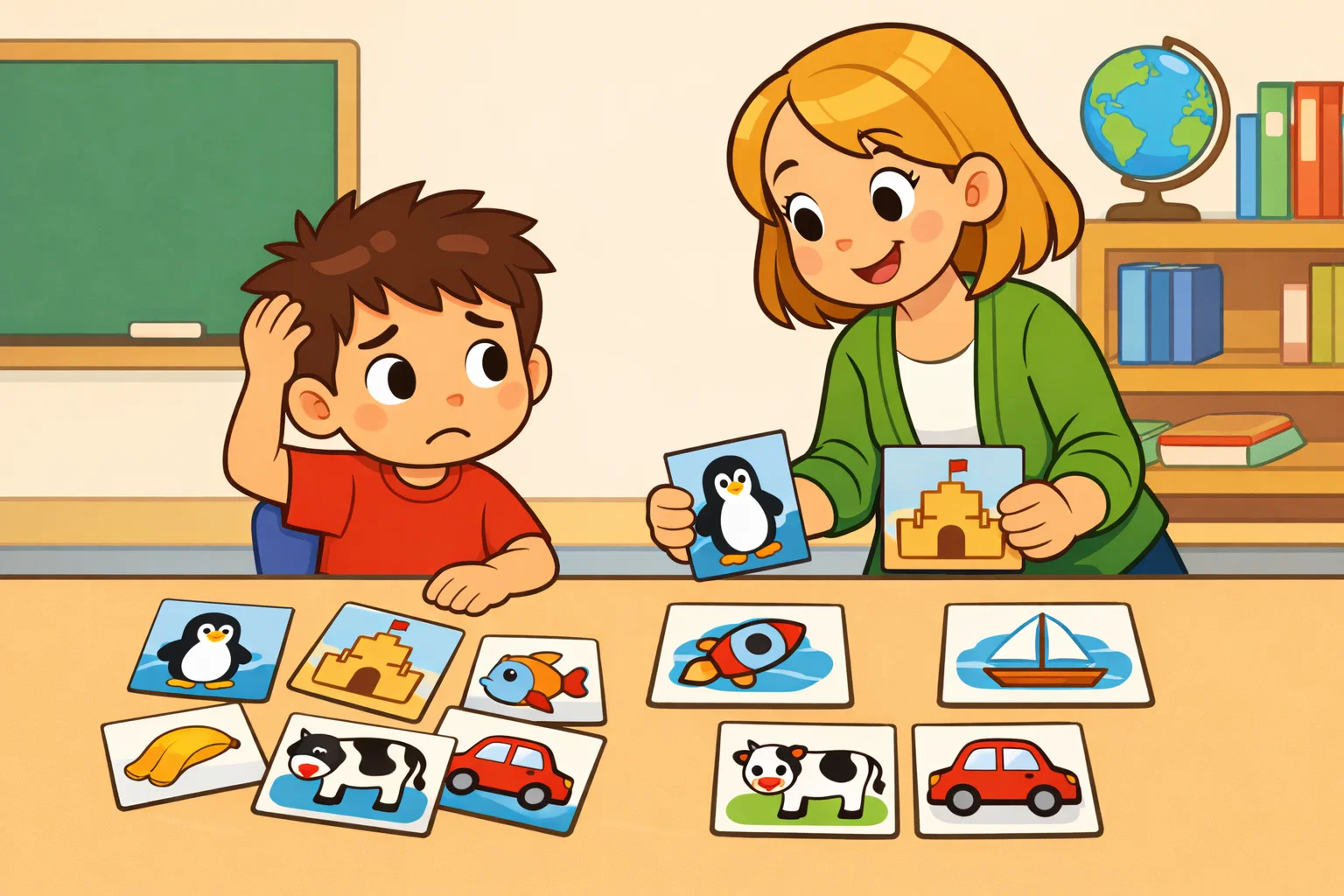 Common mistakes with compound words as a teacher helps a confused child.
