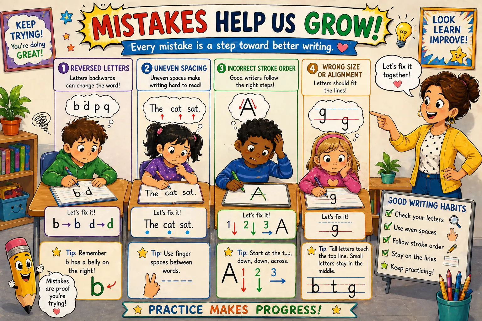 Common mistakes writing letters kids learning with reversed shapes spacing issues and teacher help. 