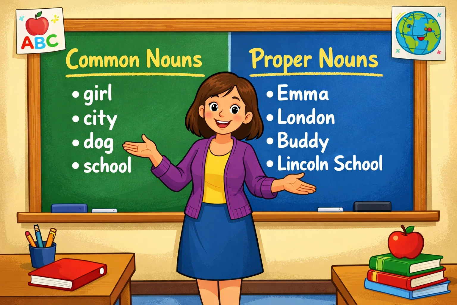 Common nouns vs proper nouns comparison on classroom board.
