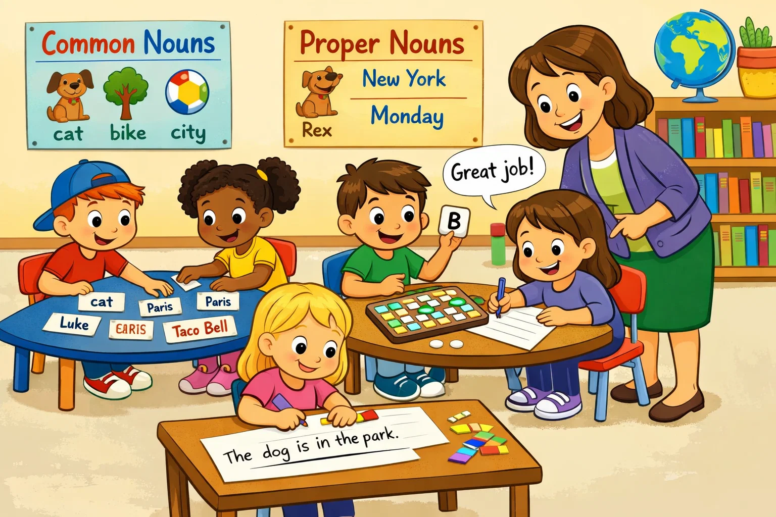 Common proper noun activities classroom scene with students doing word games.
