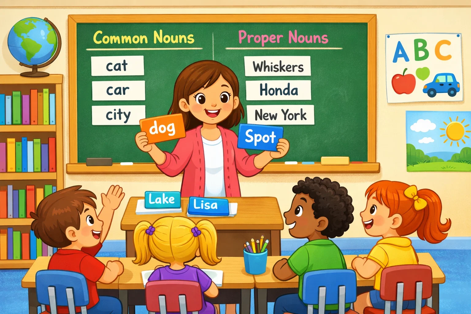 Common proper noun activities guide in a cartoon classroom for kids.