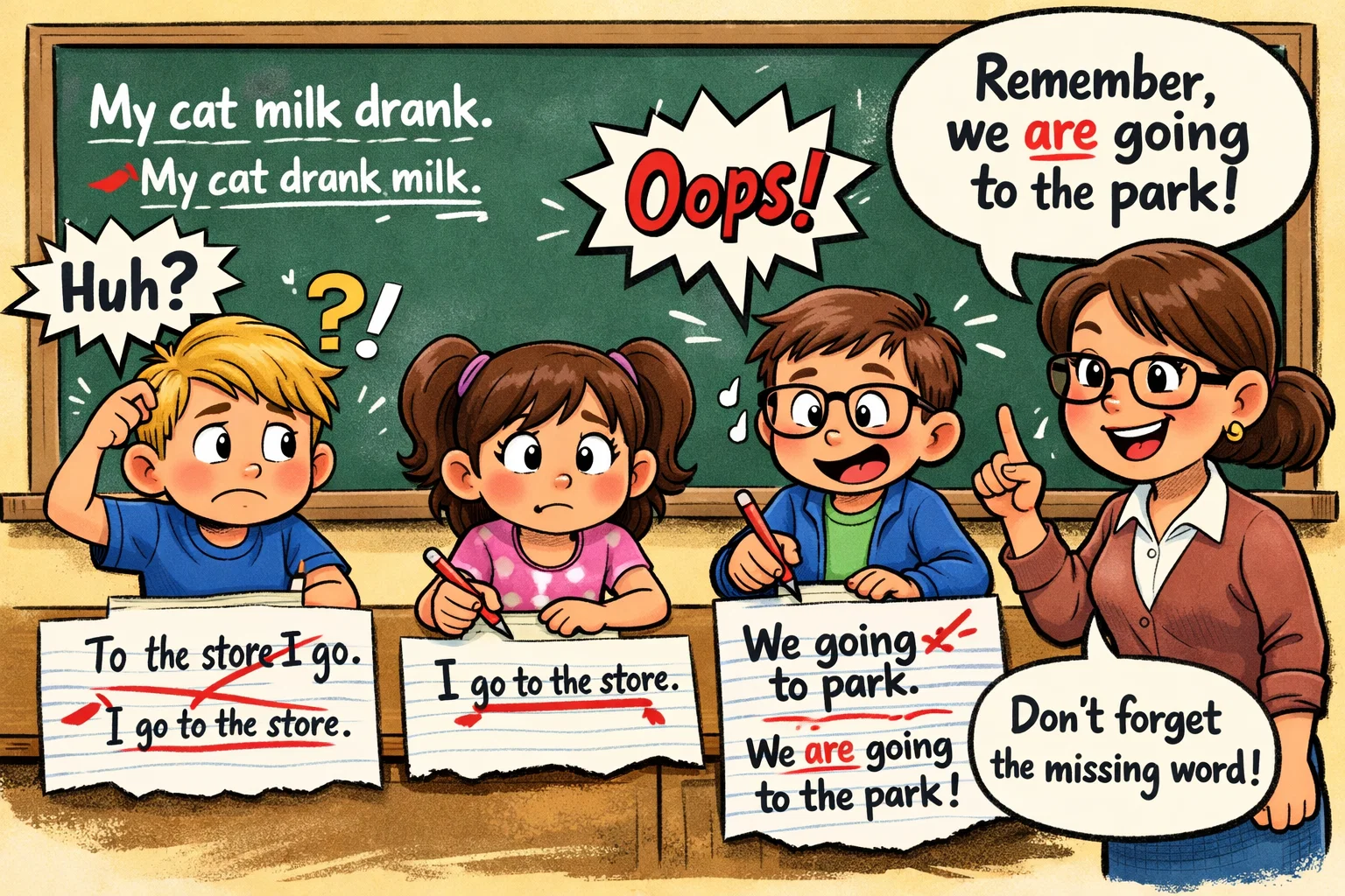 Common sentence mistakes with incorrect word order and learning corrections. 