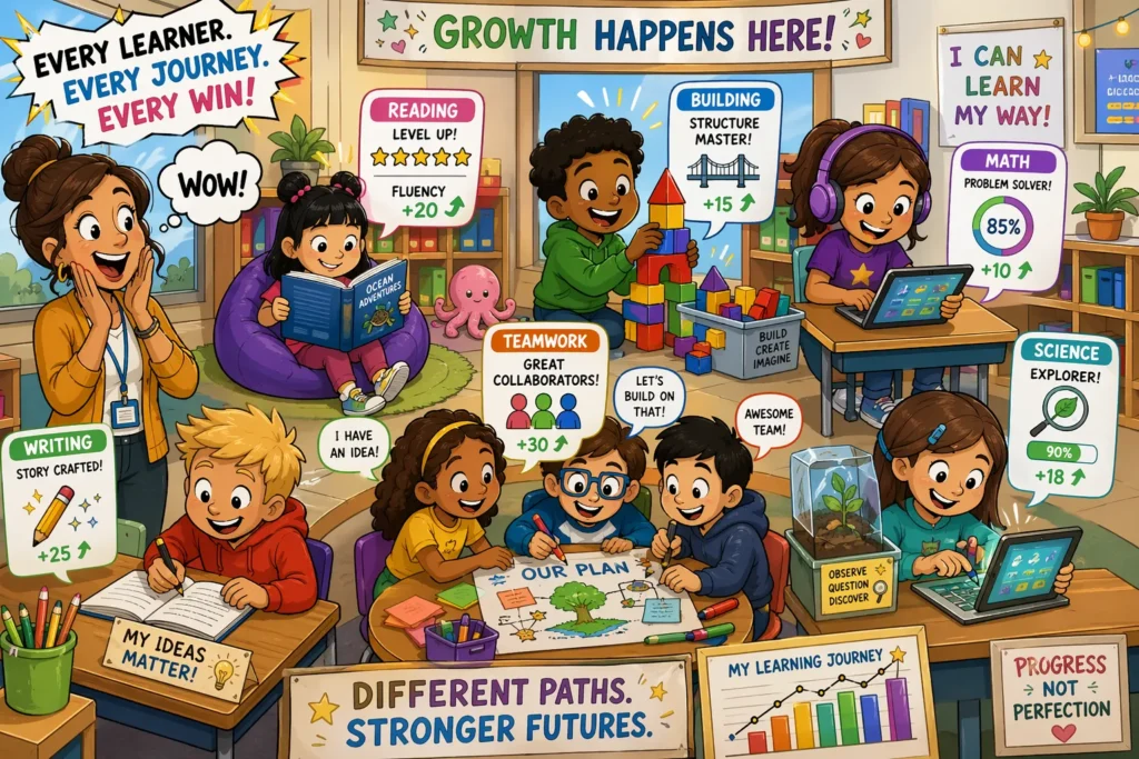 Competency based education kids learning stations classroom with personalized activities and progress tracking.