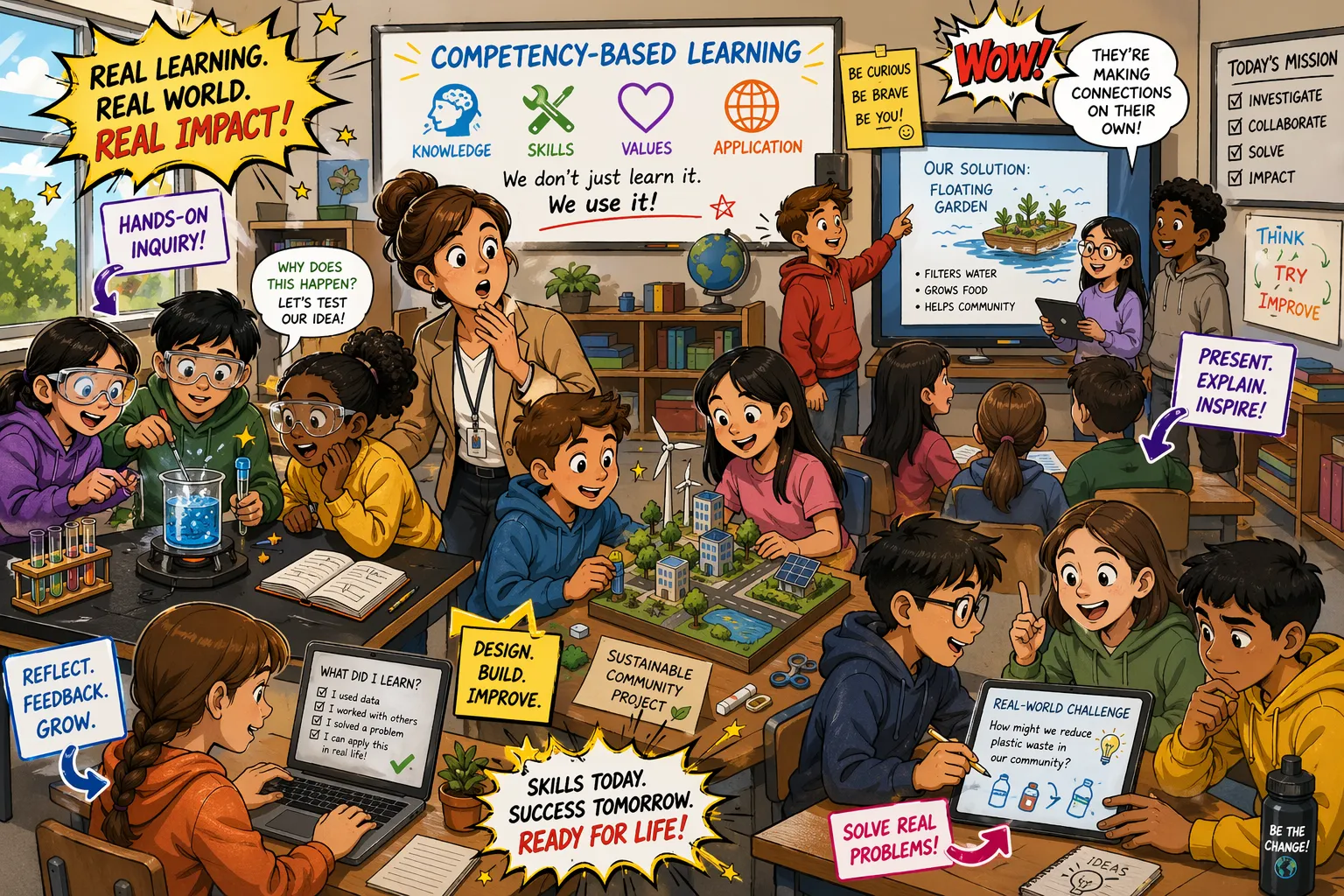 Competency based education challenges classroom chaos with overwhelmed students and teacher managing learning paces. 