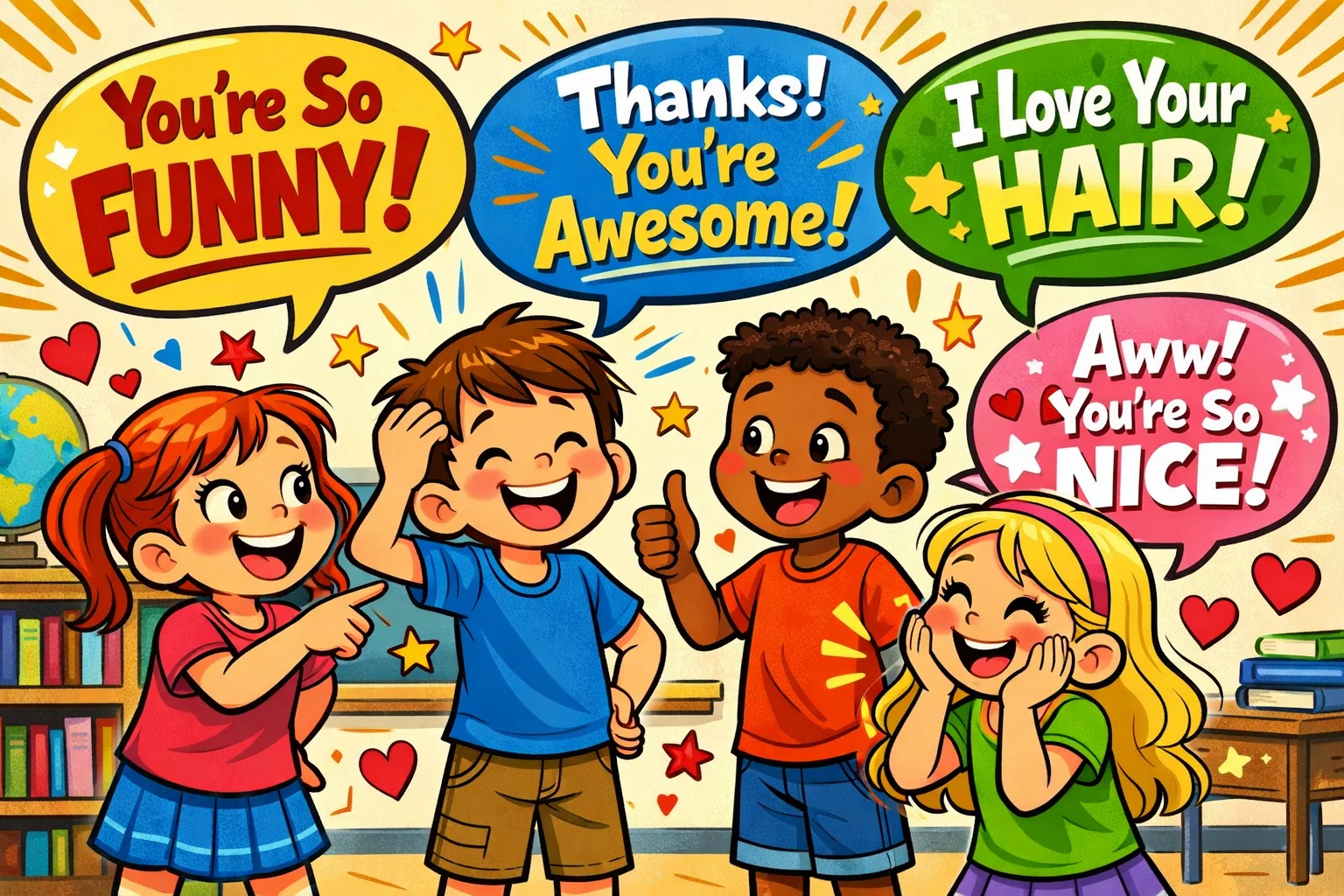 Compliments starting with D in speech bubbles with cheerful cartoon kids.