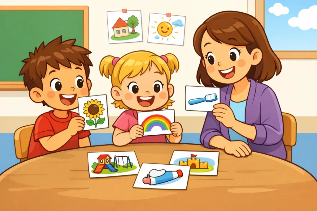 Compound words for kids examples with picture cards and a teacher.