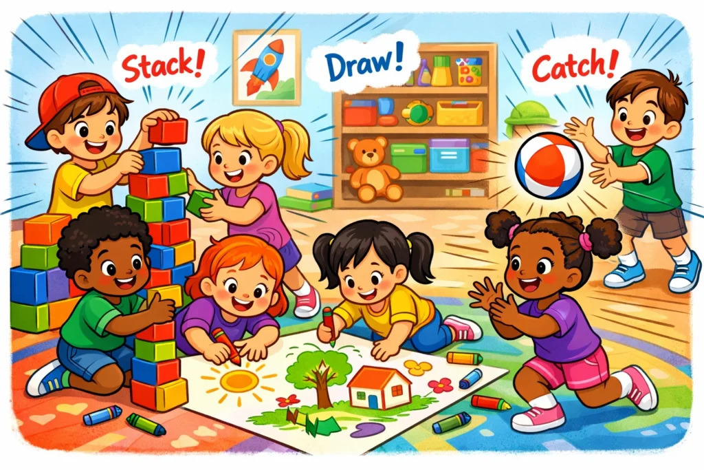 Cooperative play activities for toddlers and older kids with teamwork and games.