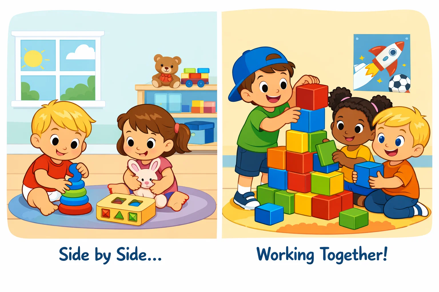 Cooperative play age stages in kids from side by side play to teamwork.
