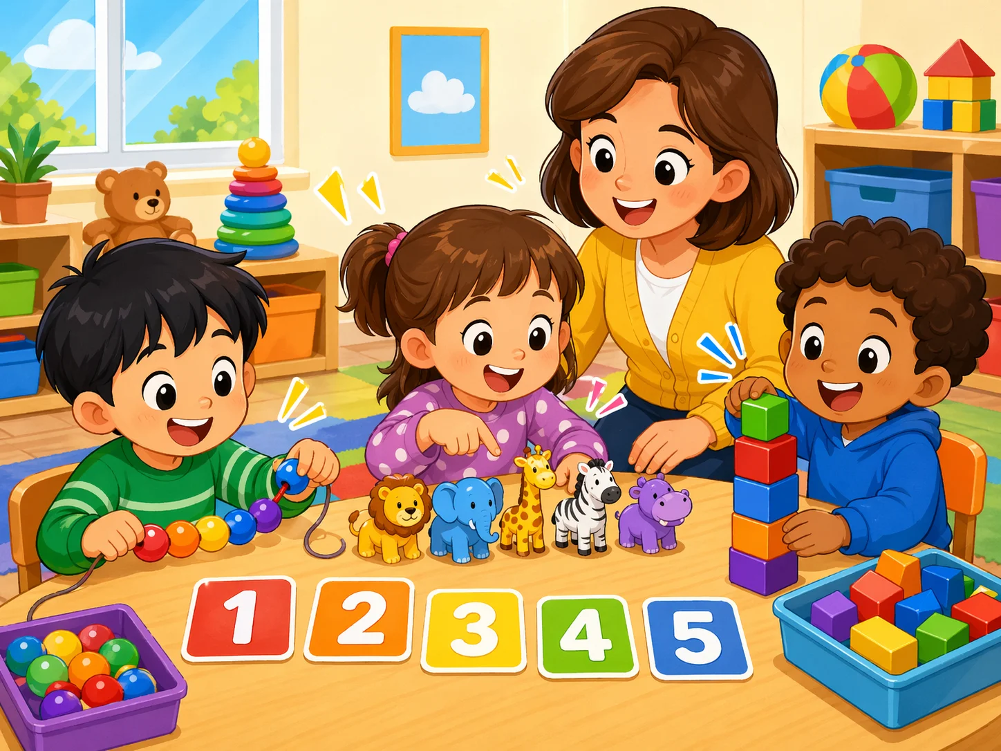Counting activities for preschoolers with kids counting beads, blocks, and toys.