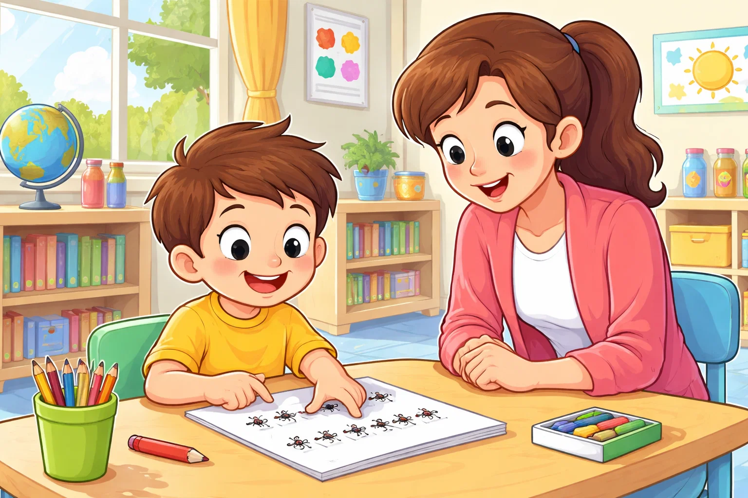 Counting ants Letter A activity with child counting ants on worksheet.
