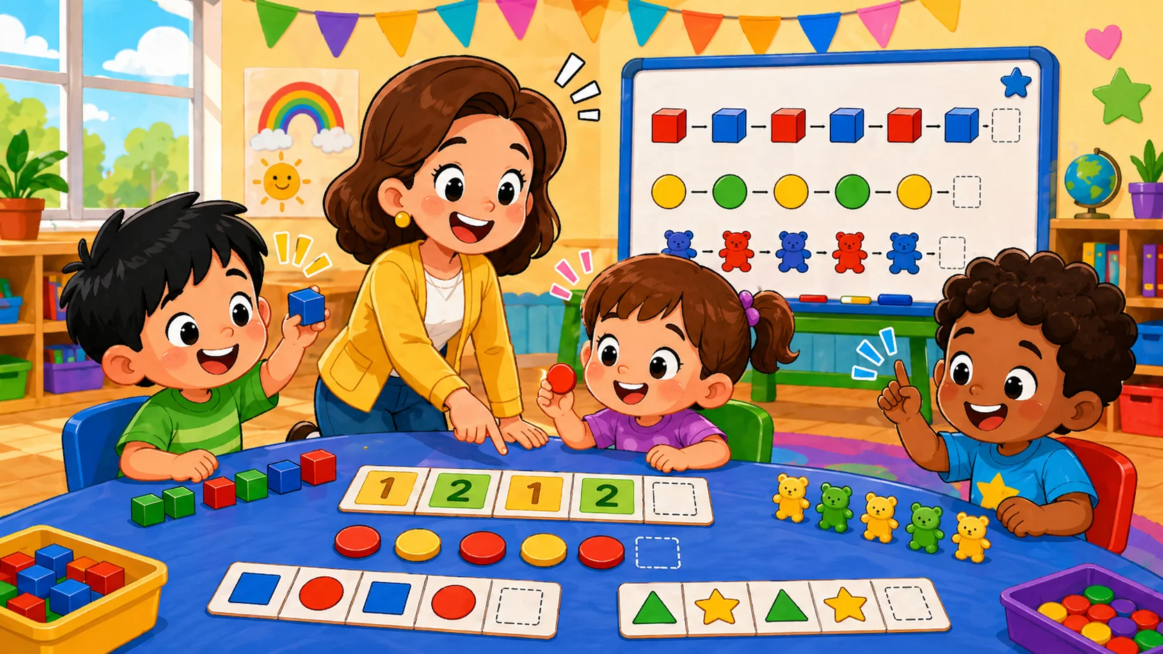 Counting pattern games with number cards and blocks for preschoolers.