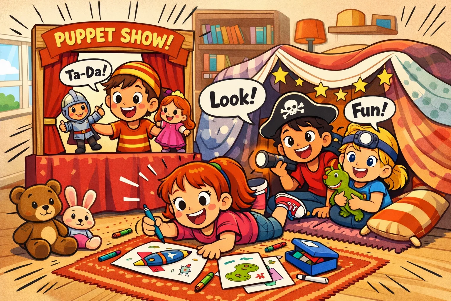 Creative indoor games for kids with puppet play and drawing indoors.