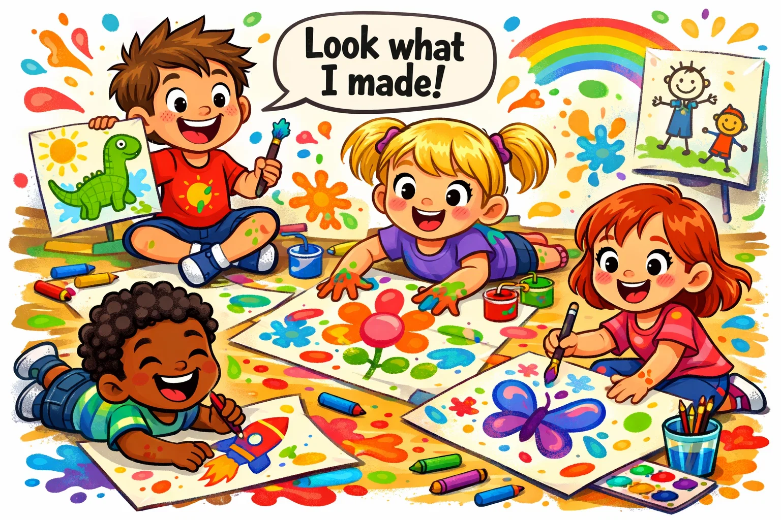 Creative painting drawing ideas kids with colorful art and happy children. 