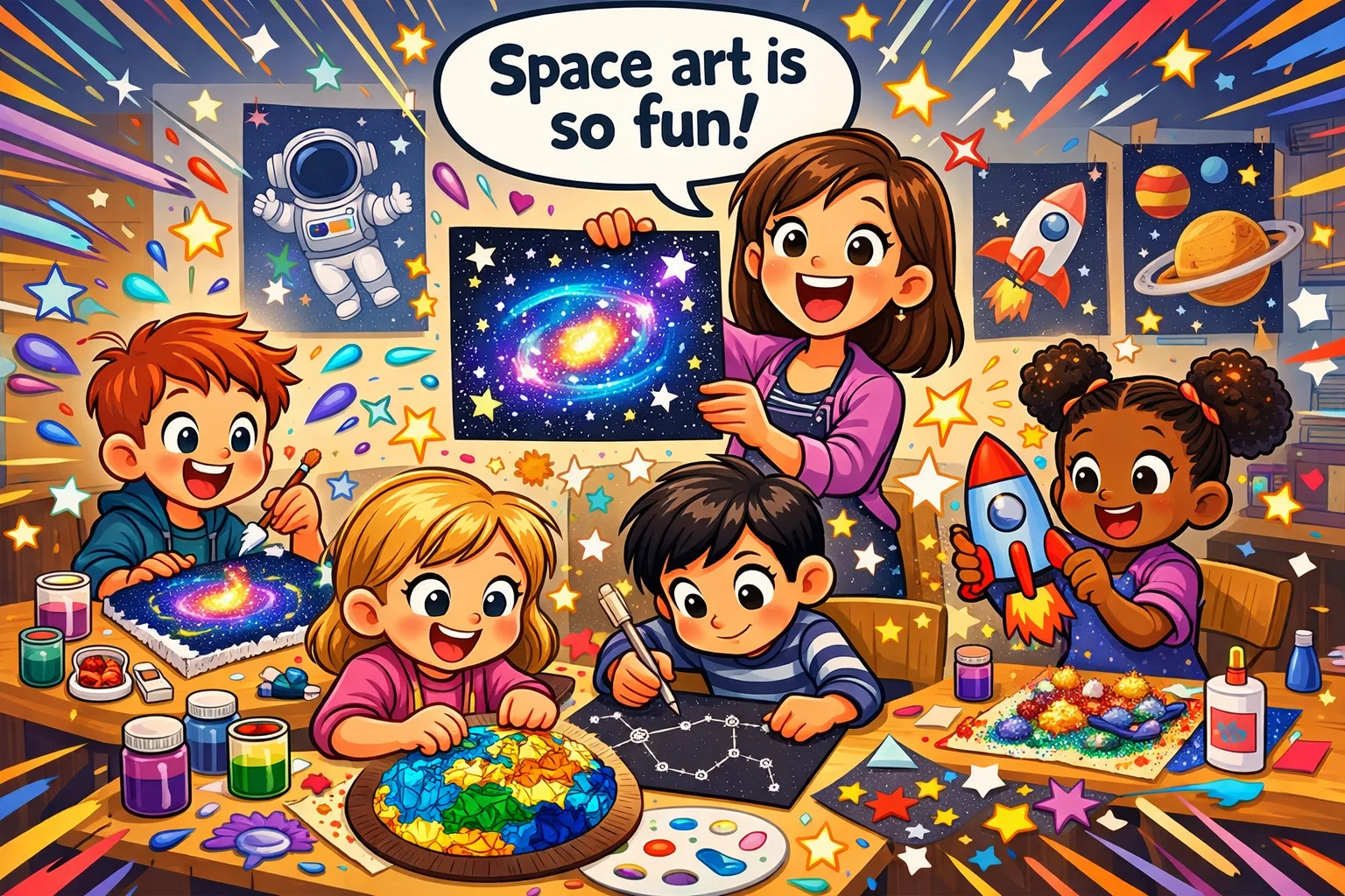 Creative space art projects for kids with galaxy painting and planet collage.