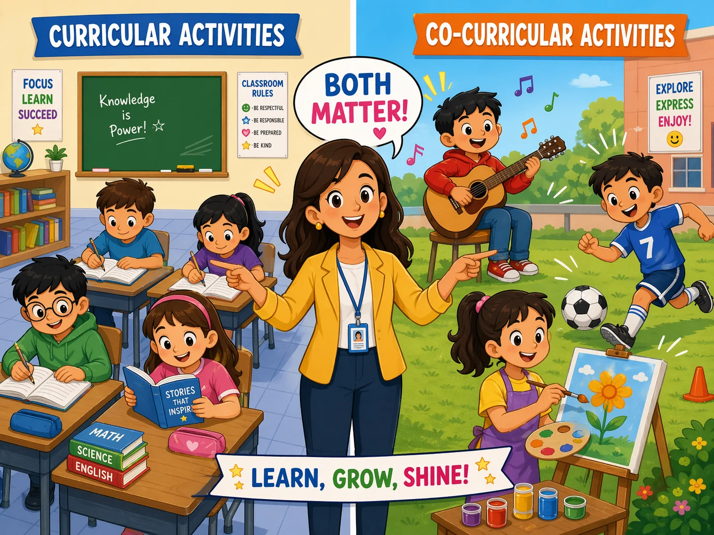 Curricular and co curricular activities shown in classroom and school club scene.