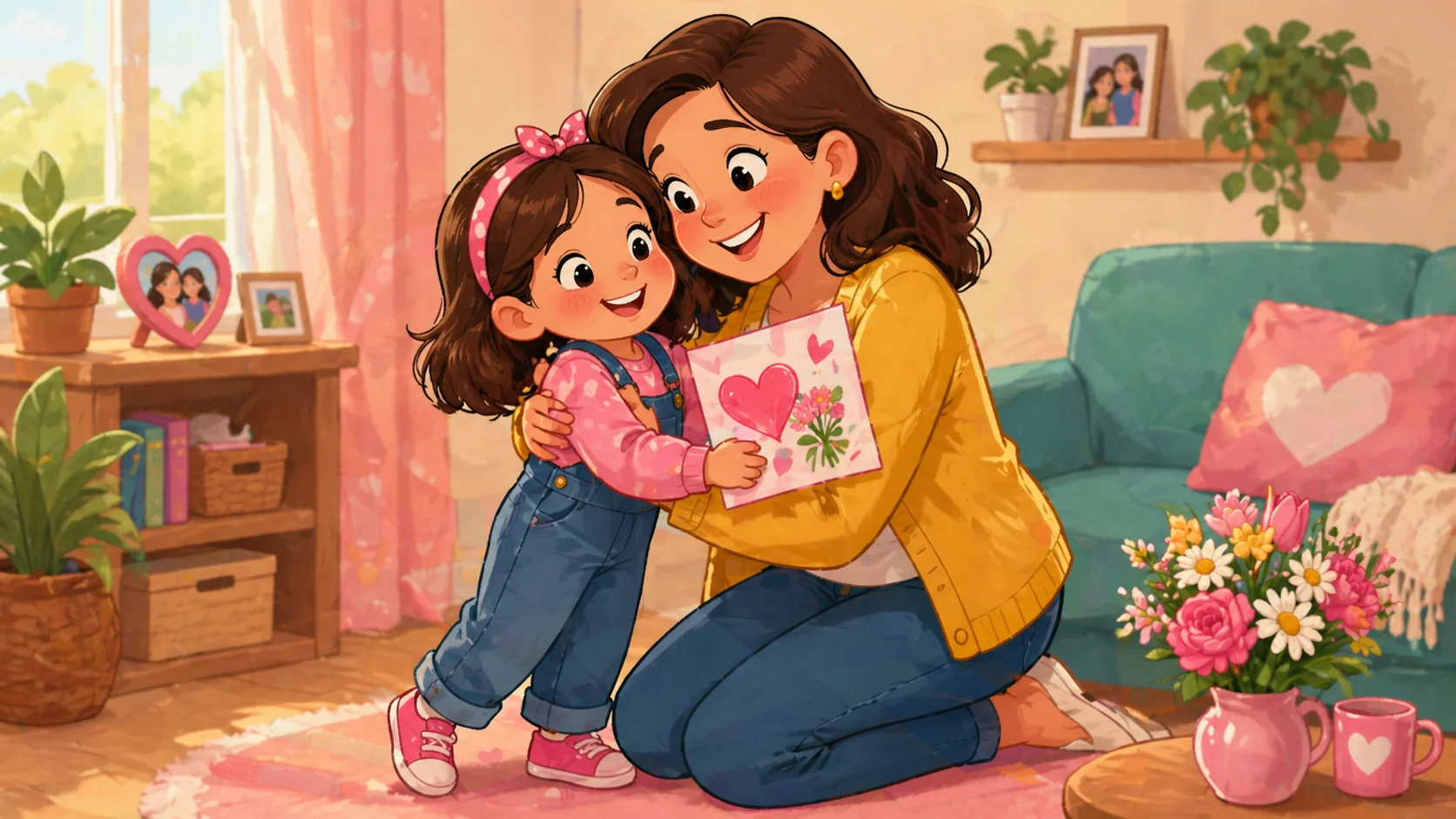 Cute mom poems from daughter with handmade card and flowers.