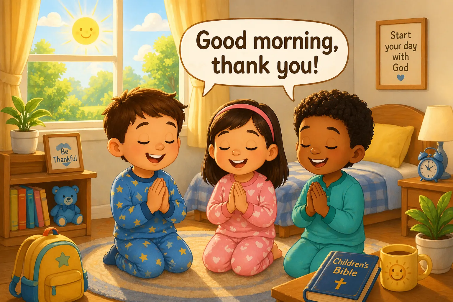 Daily English prayers for kids with morning and bedtime prayer routines. 