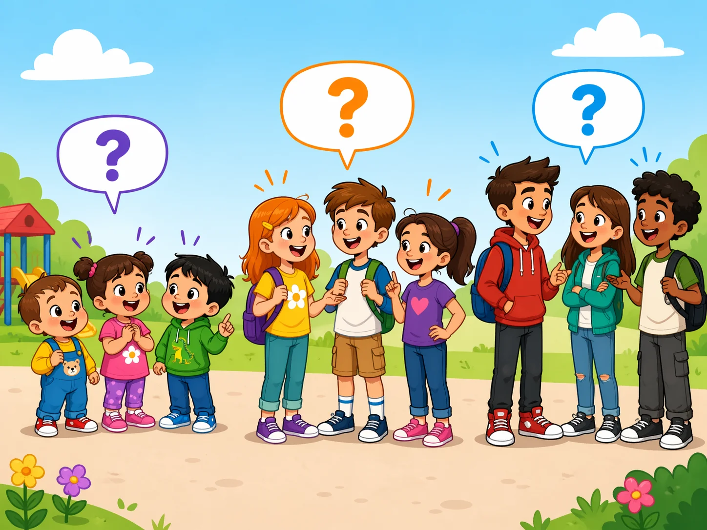 Daily questions by age for kids shown with younger and older children.
