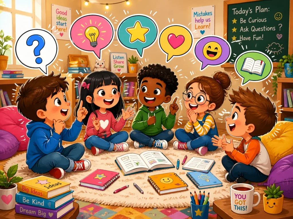 Daily questions for kids spark fun conversations among happy children.