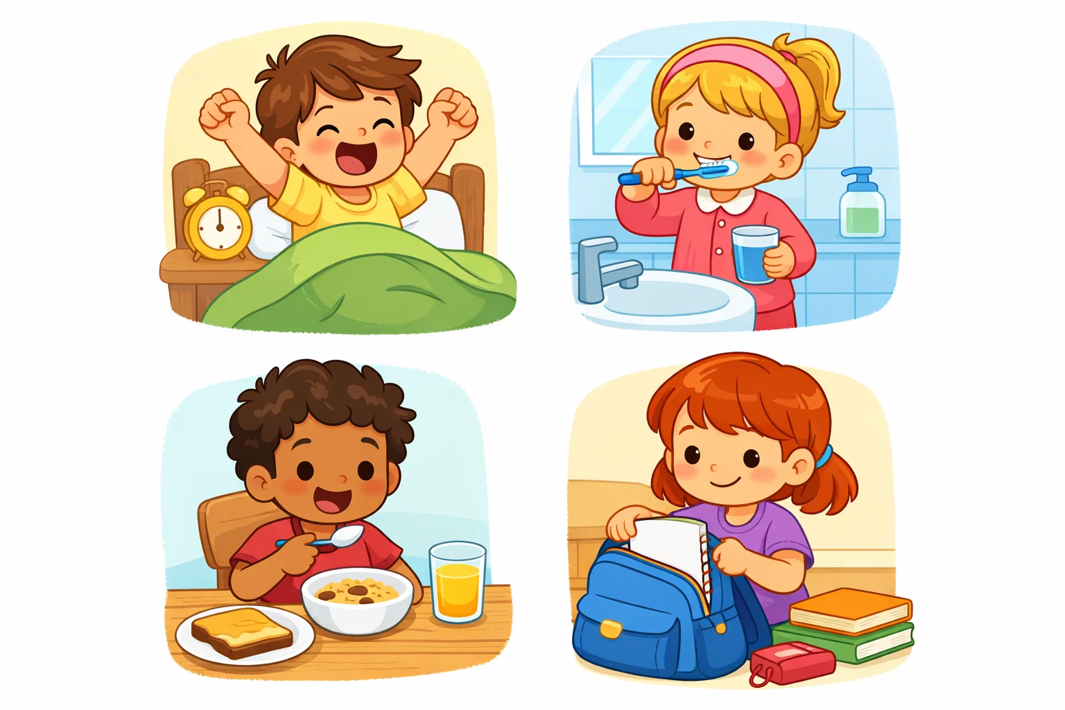  Daily routine verbs for kids showing wake up, brush teeth, eat, and pack a school bag.
