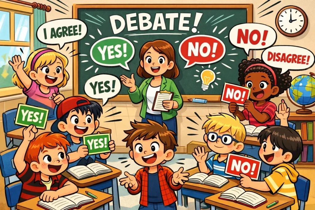 Debate topics for kids in classroom discussion with students of different ages.