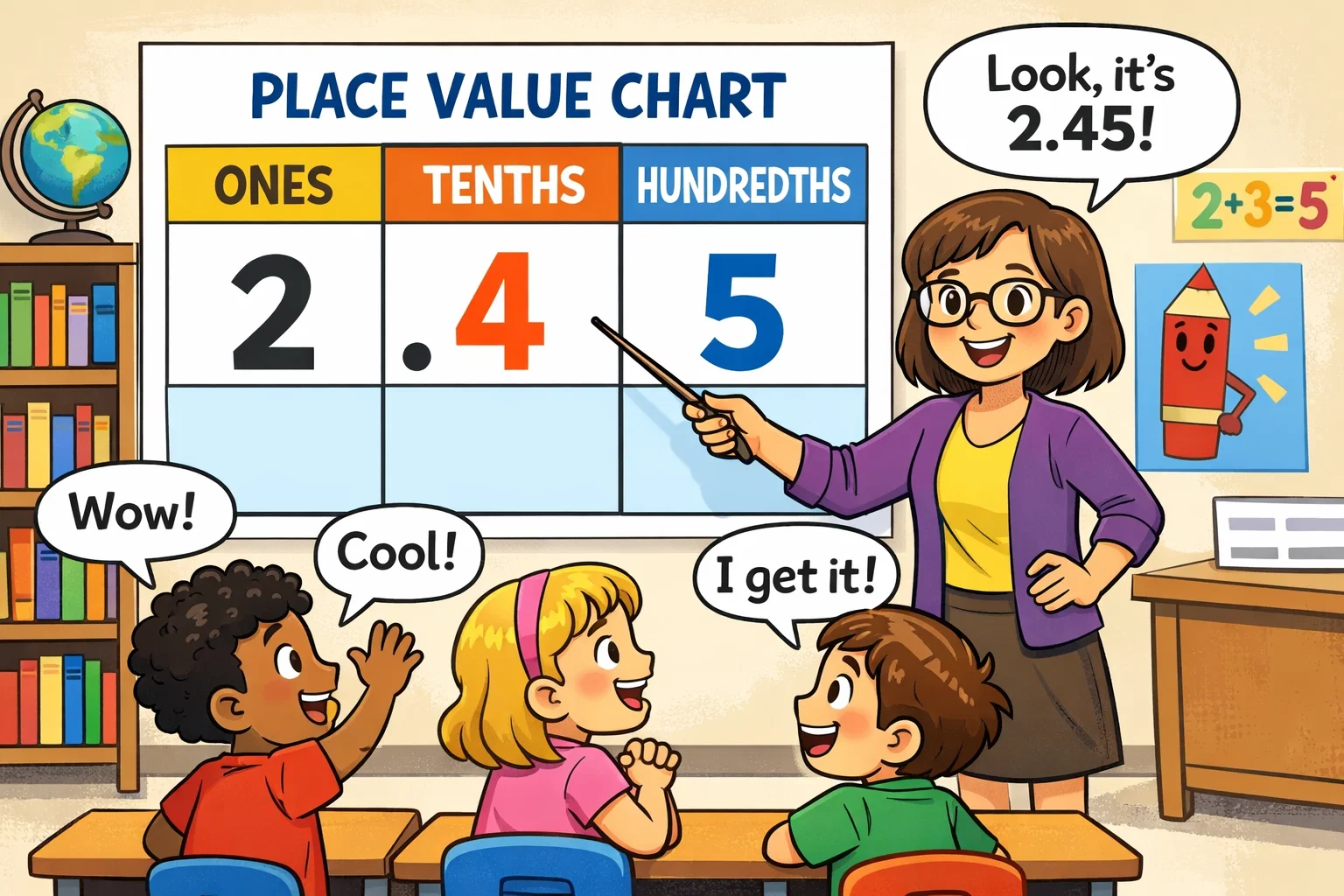 Decimal place value chart for children showing ones tenths and hundredths.