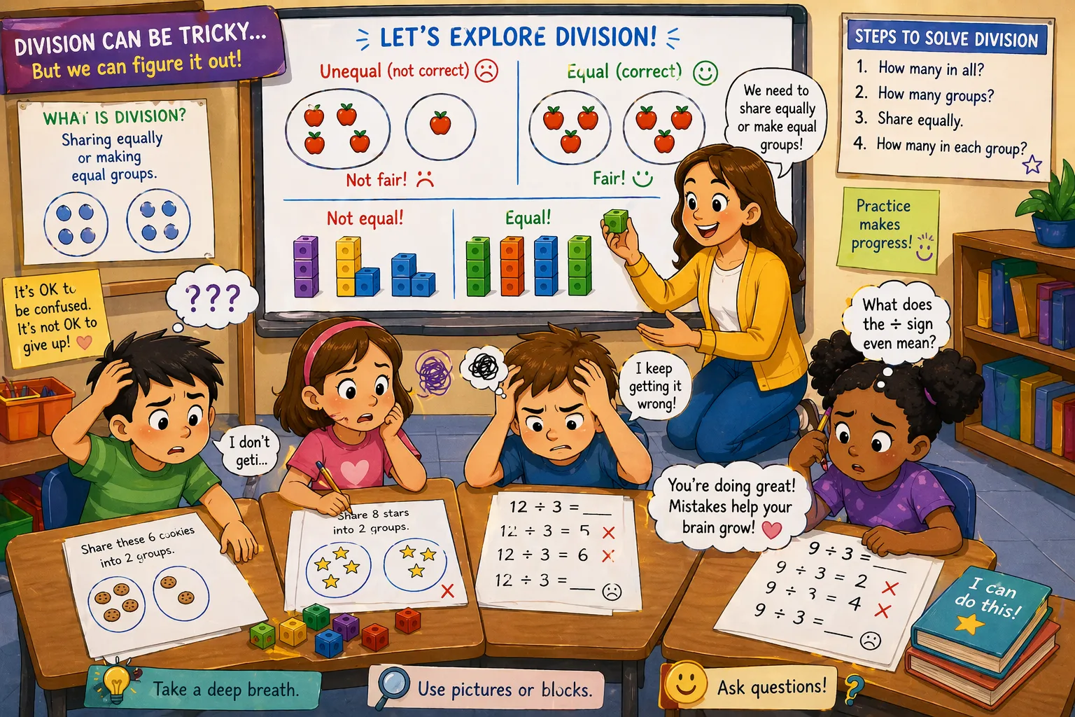 Difficulties learning division kids classroom challenges with confusion in grouping and number sharing concepts. 
