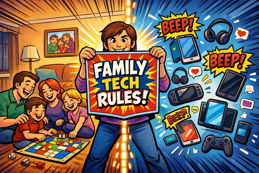 Digital boundaries family comic showing tech rules and shared play.