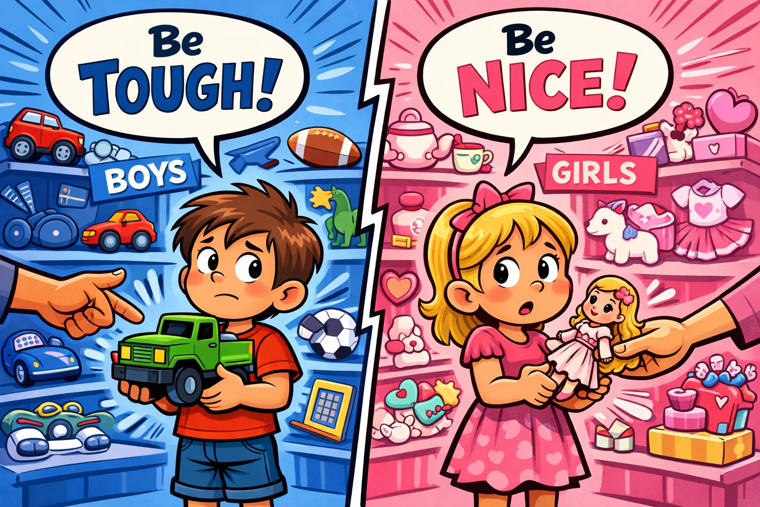 Direct gender messages to sons and daughters through toys and stereotypes.