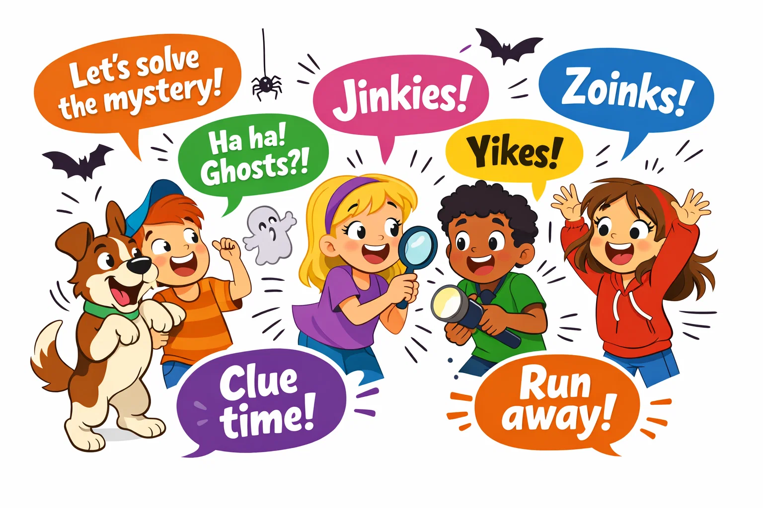  Dog and kids with catchphrases and one liners in a playful cartoon.
