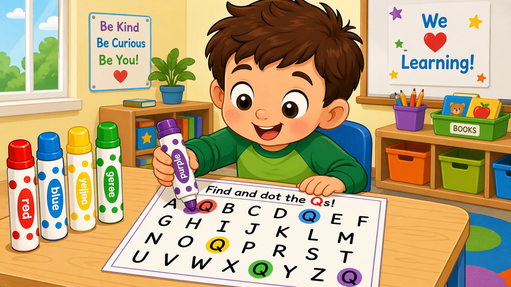 Dot marker letter hunt with preschool child marking letter Q on worksheet.