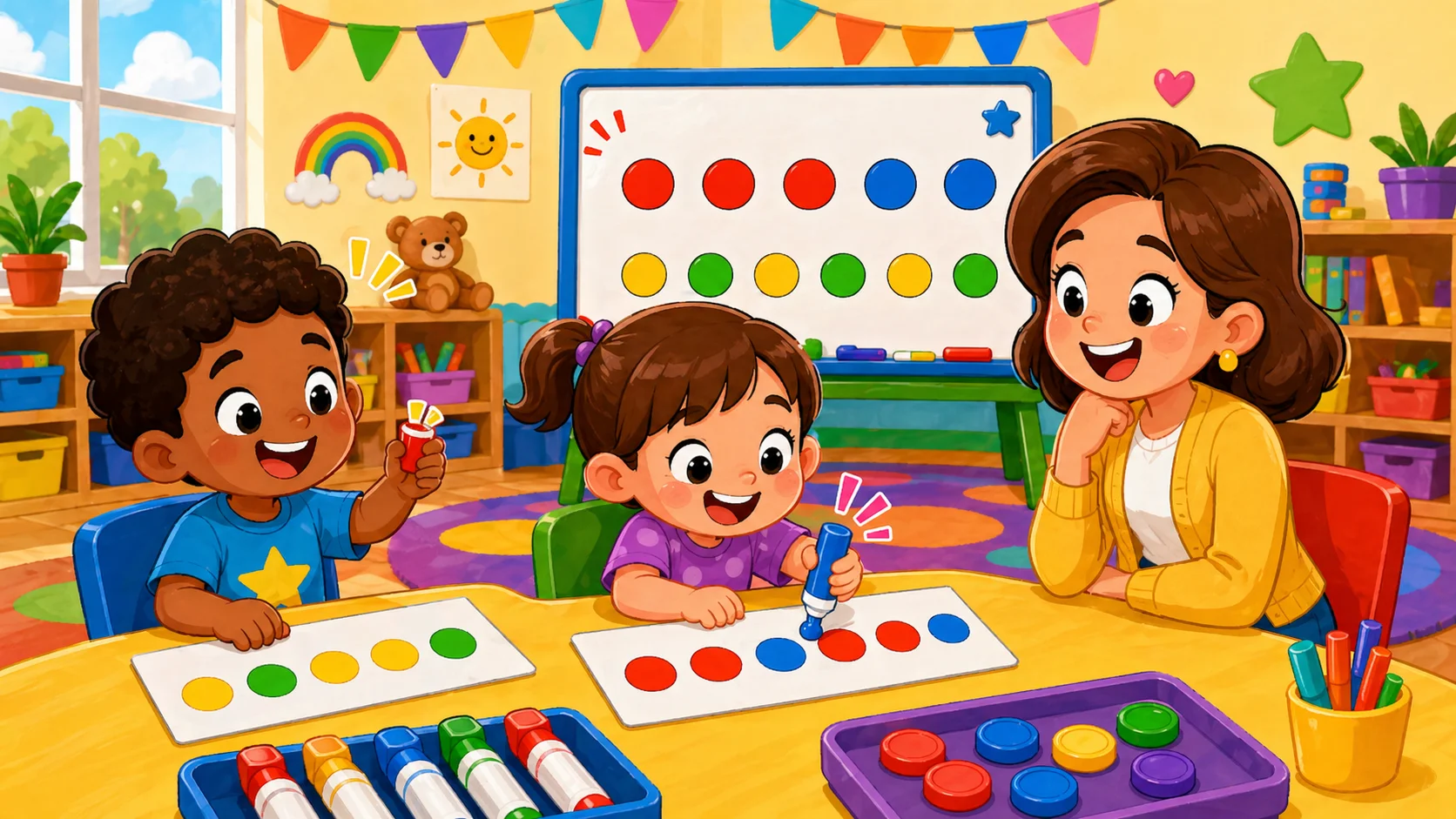 Dot marker pattern games with colorful repeating dots for preschoolers.