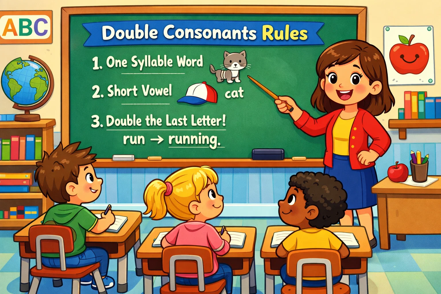 Double consonant rules classroom scene with teacher and students learning.