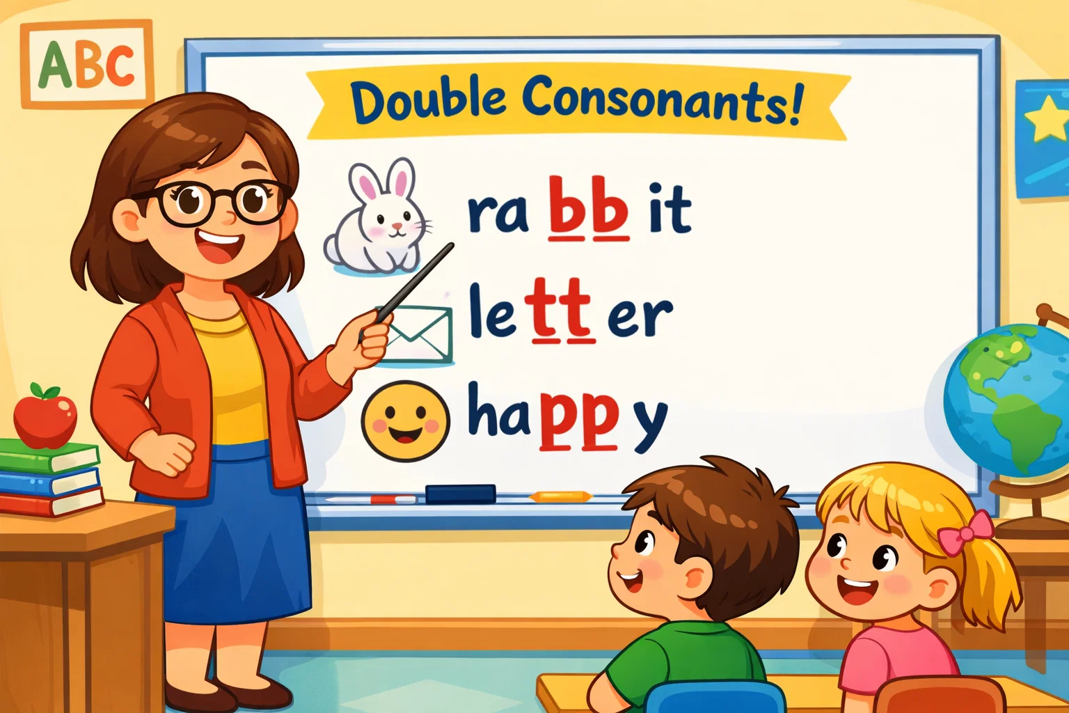 Double consonant words examples on board with teacher and students.
