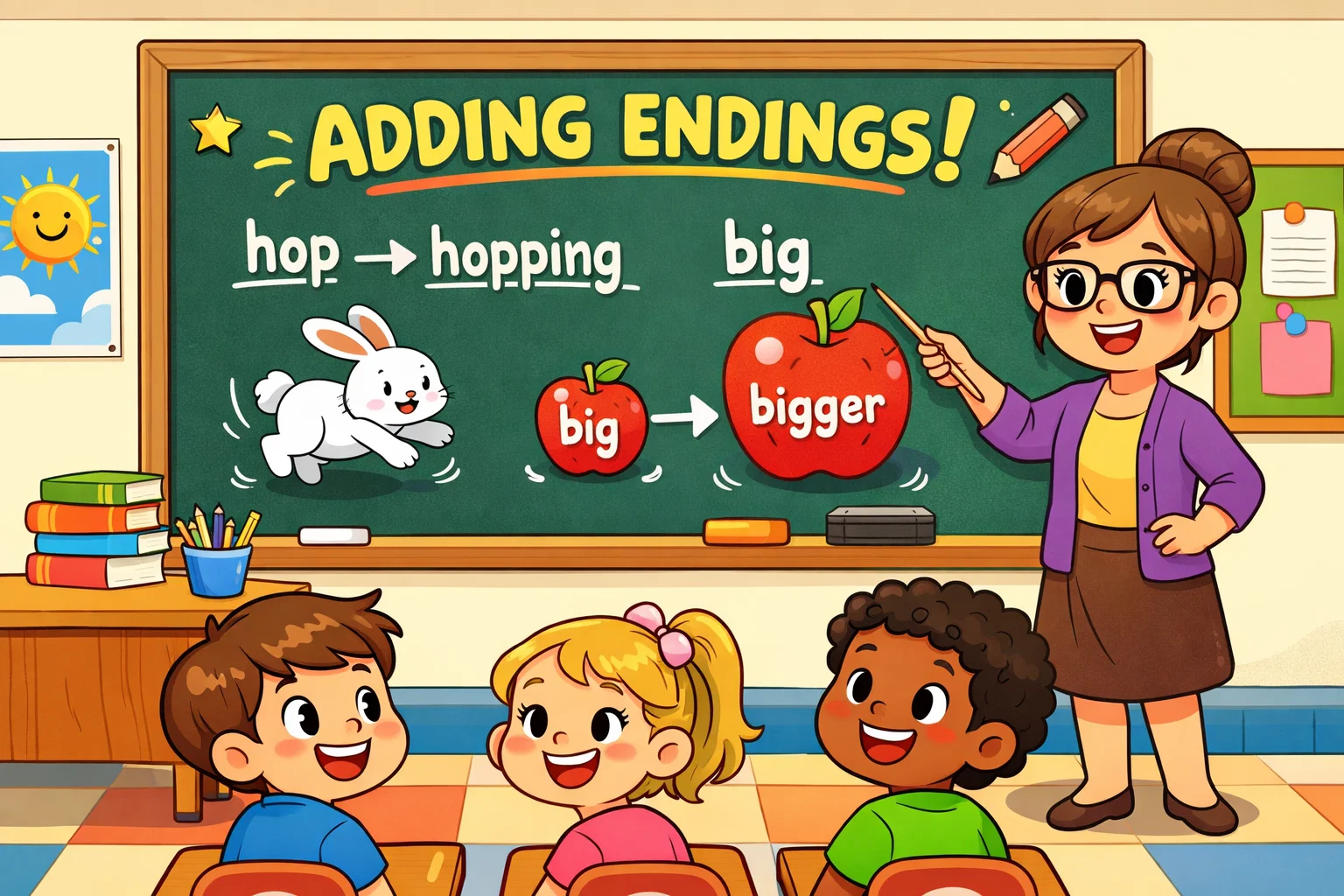 Doubling consonants adding suffixes with spelling examples in class.