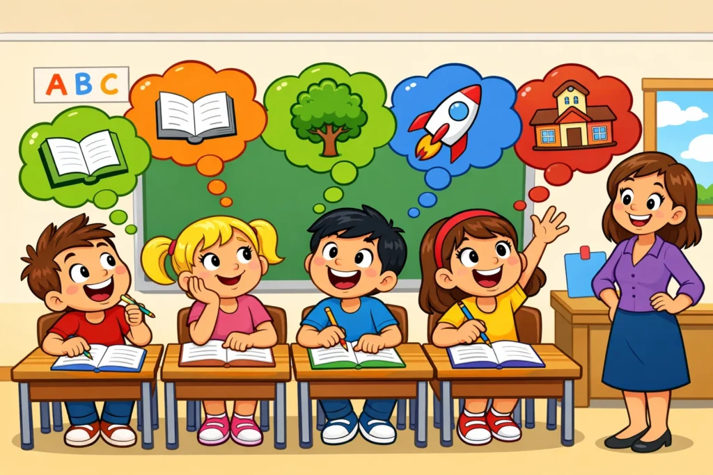 Easy creative essay topics for class 4 with students brainstorming in classroom.