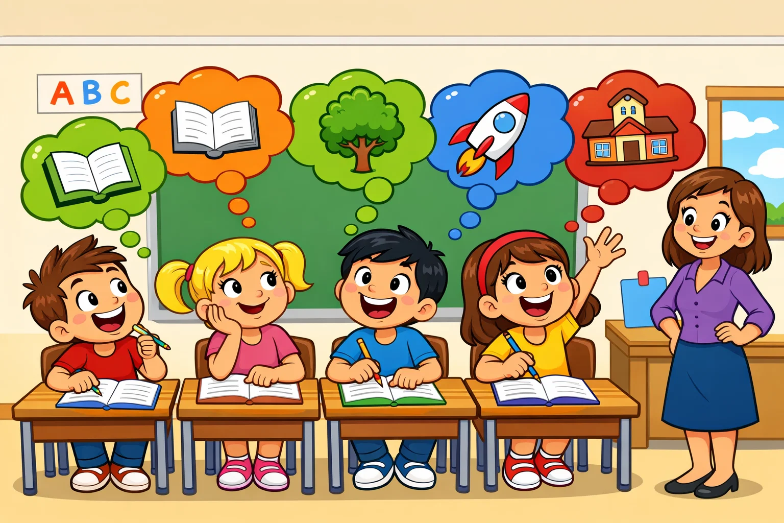 Easy creative essay topics for class 4 with students brainstorming in classroom.