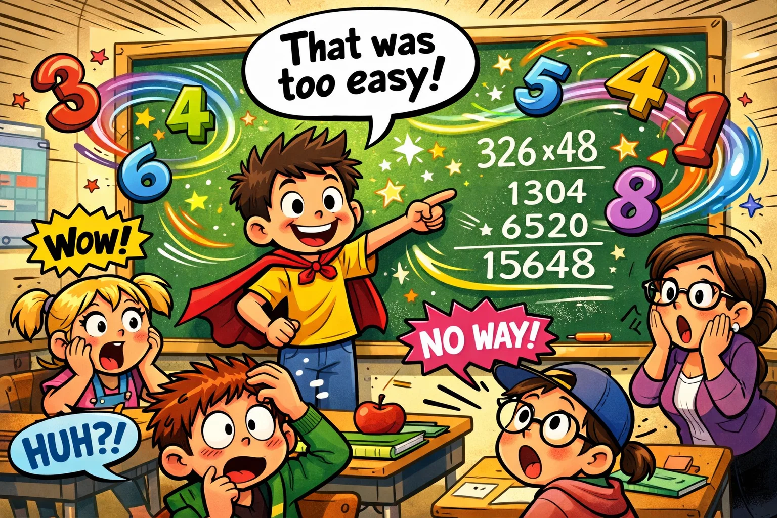 Easy multiplication tricks large for numbers solved quickly by students in the classroom.