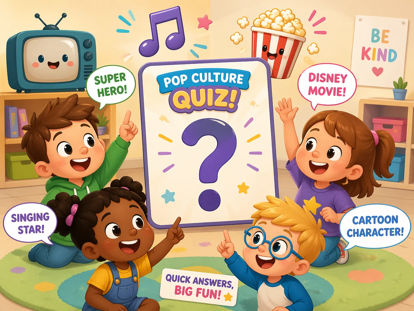 Easy pop culture quiz questions for kids in a bright and playful game scene.