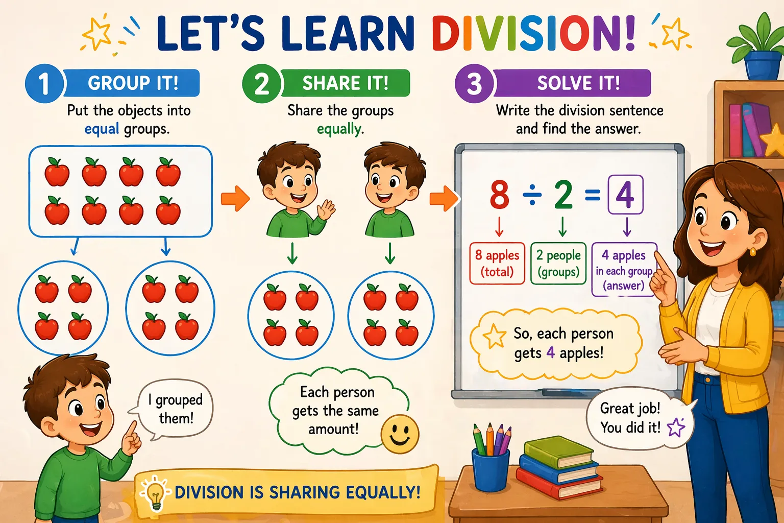 Easy steps teach division kids step by step learning with grouping sharing and solving problems. 