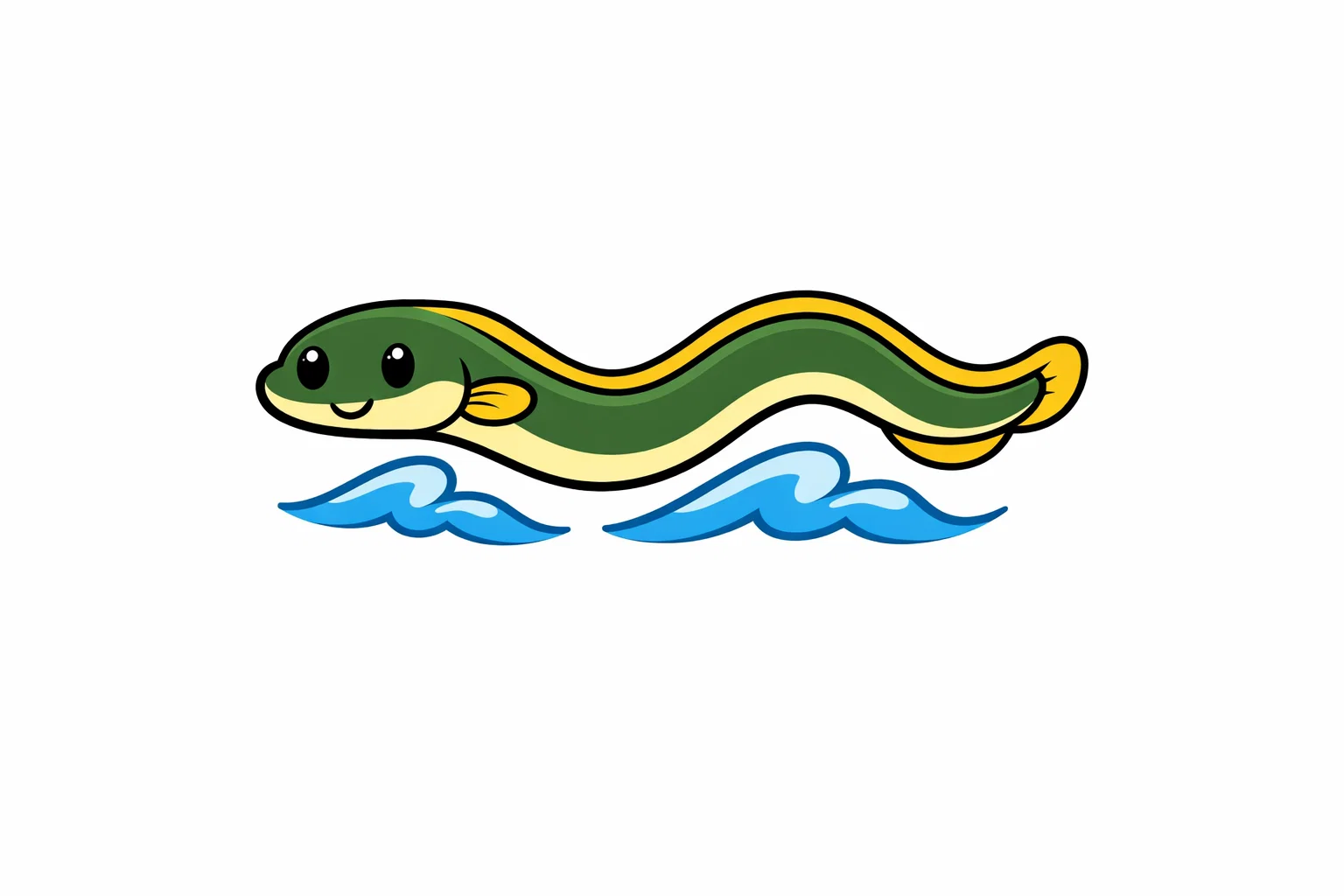 Eel cartoon fish swimming in a curved shape.
