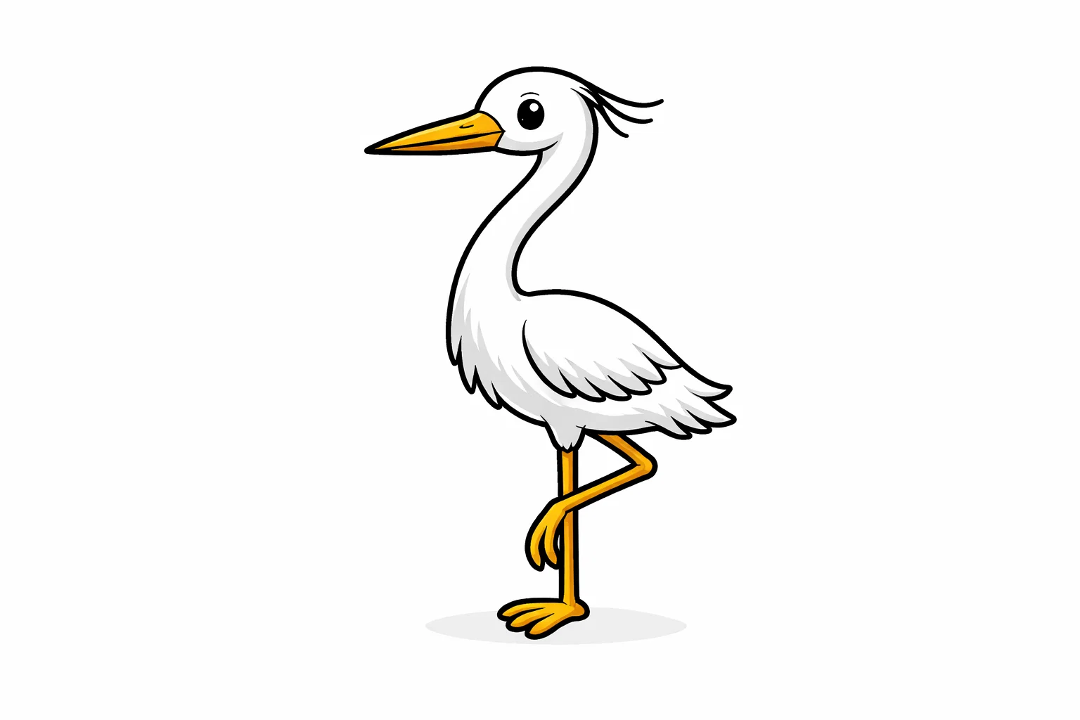 Egret cartoon bird standing on one leg.
