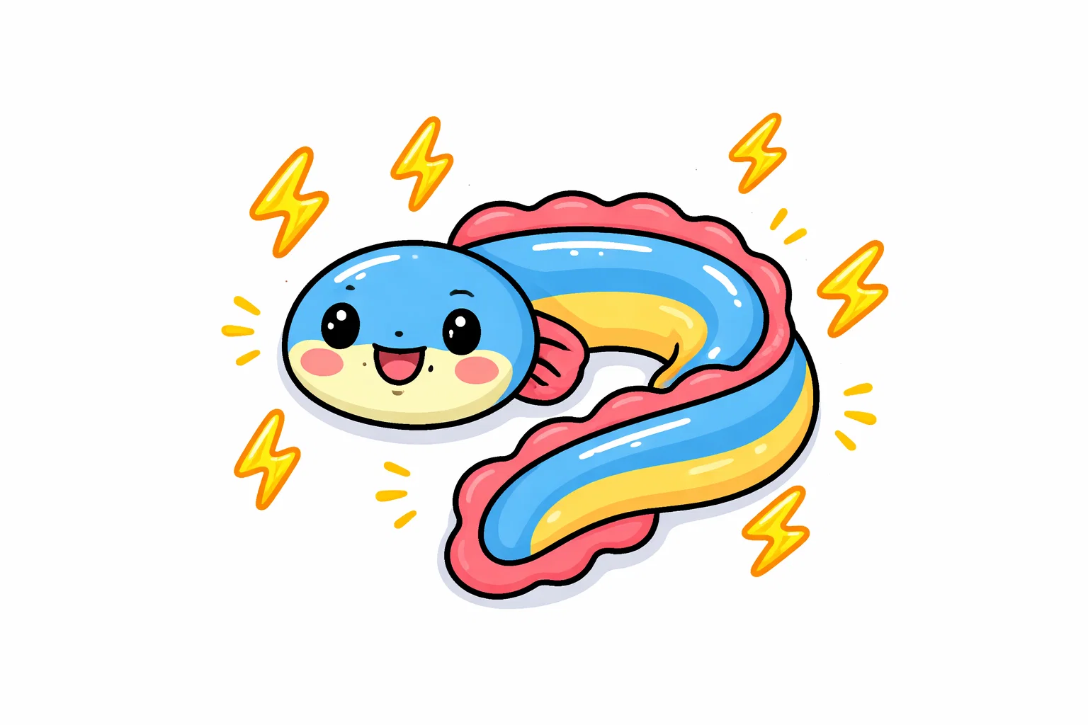 Electric eel cartoon with small lightning bolts around it.
