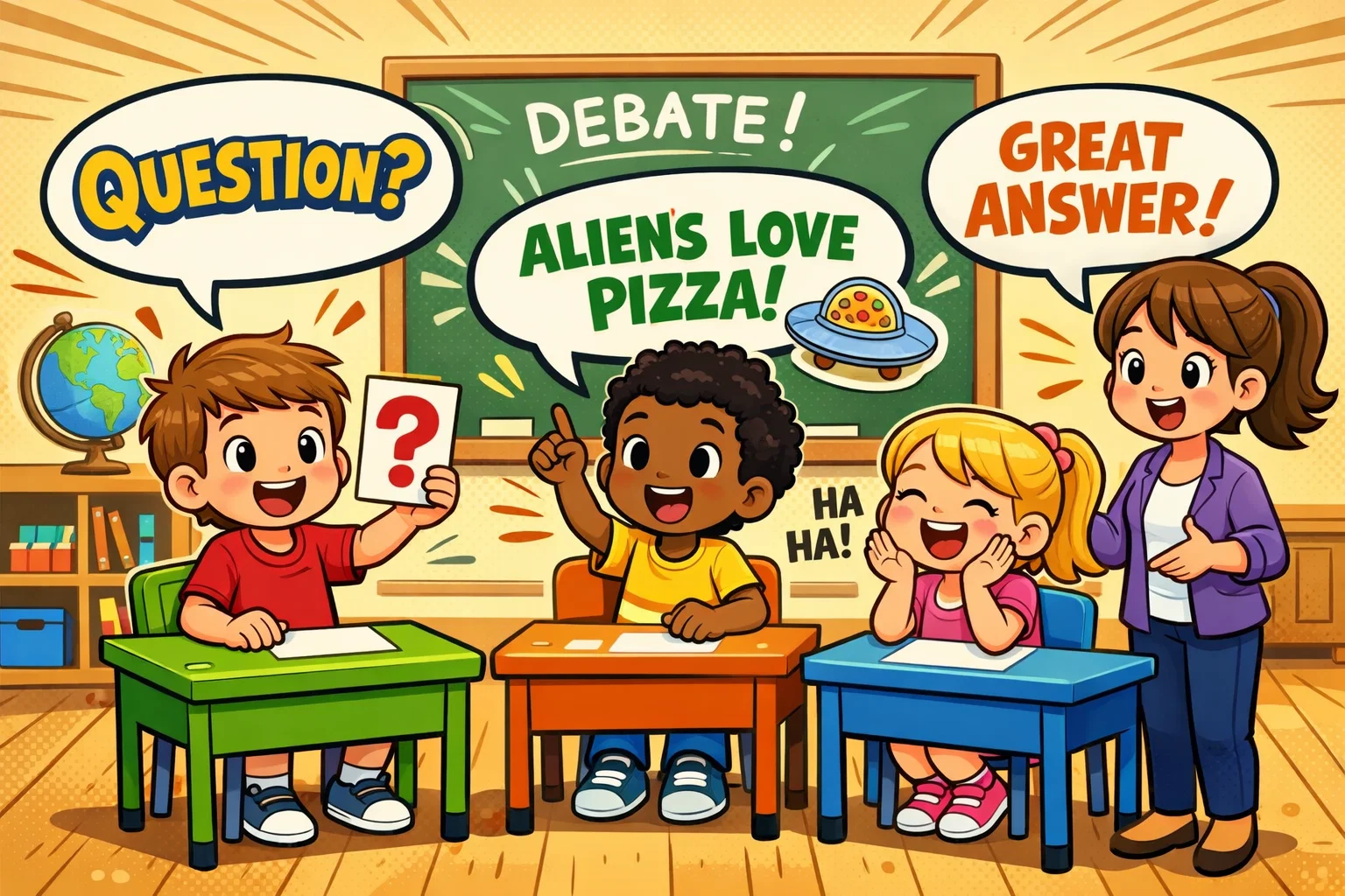 Elementary students debate prompts during fun classroom discussion in grades 1 to 4.