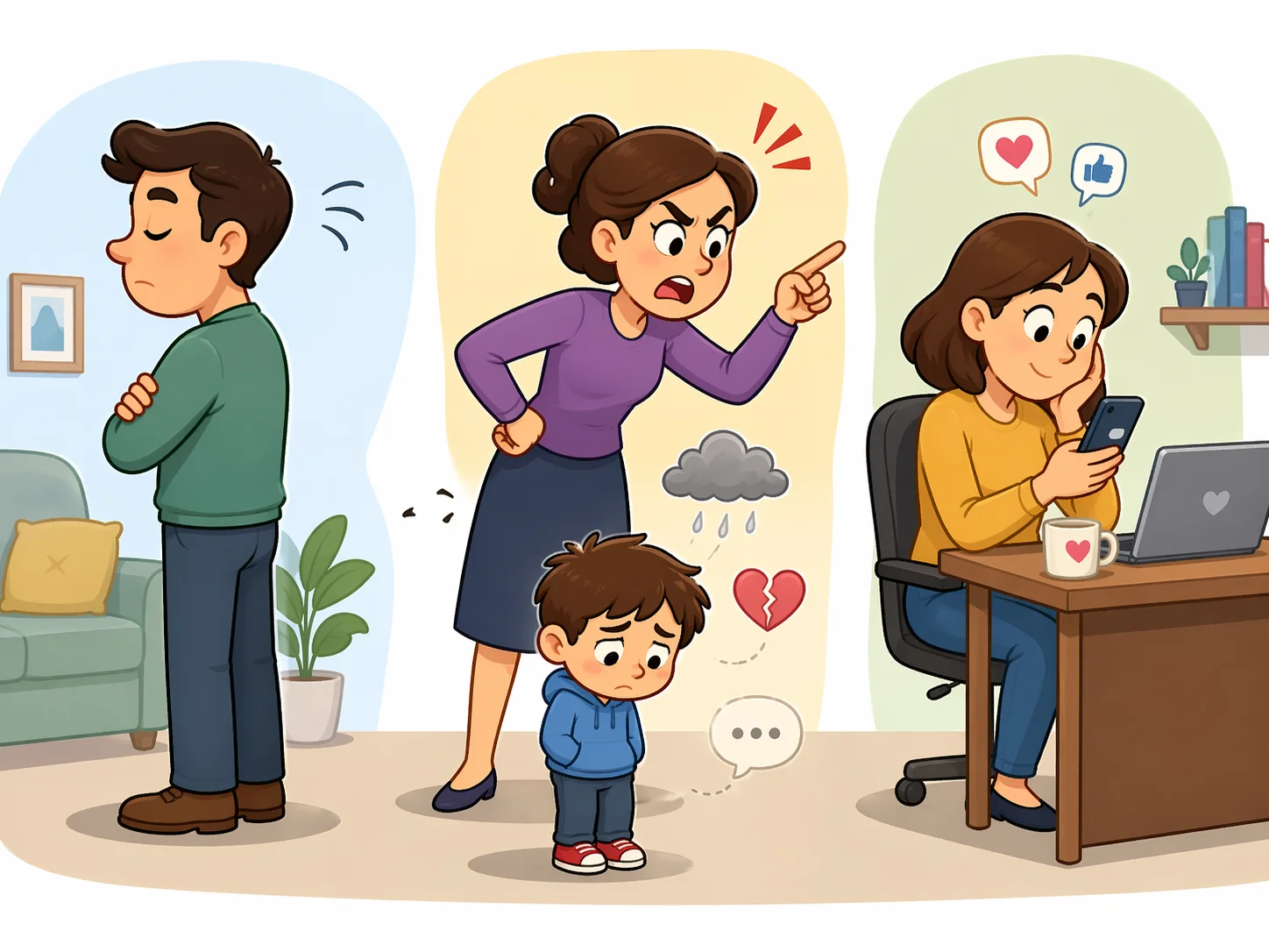 Emotionally neglectful parenting patterns shown with distant, strict, and absent parents.