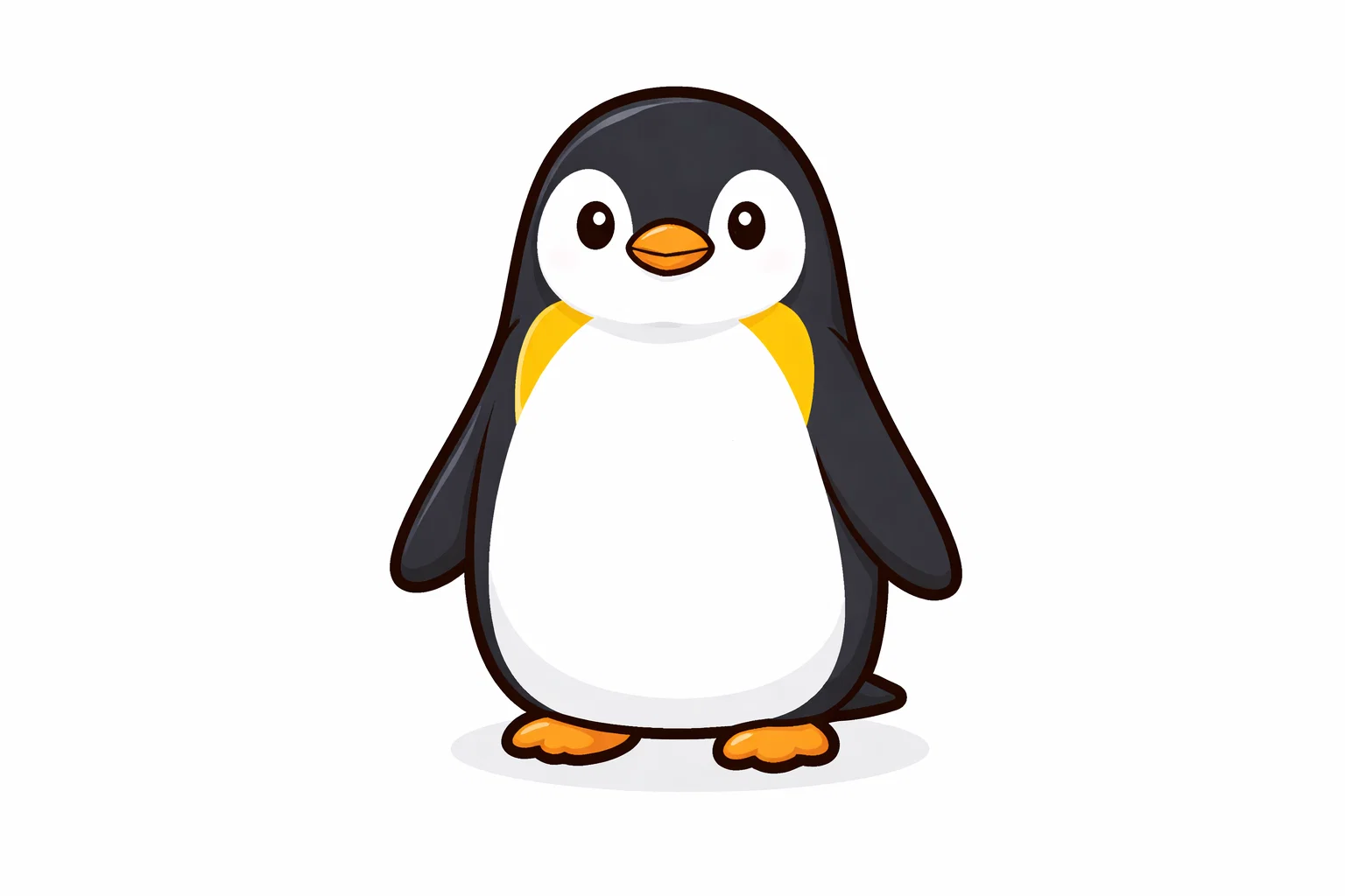 Emperor penguin cartoon standing upright with yellow markings.
