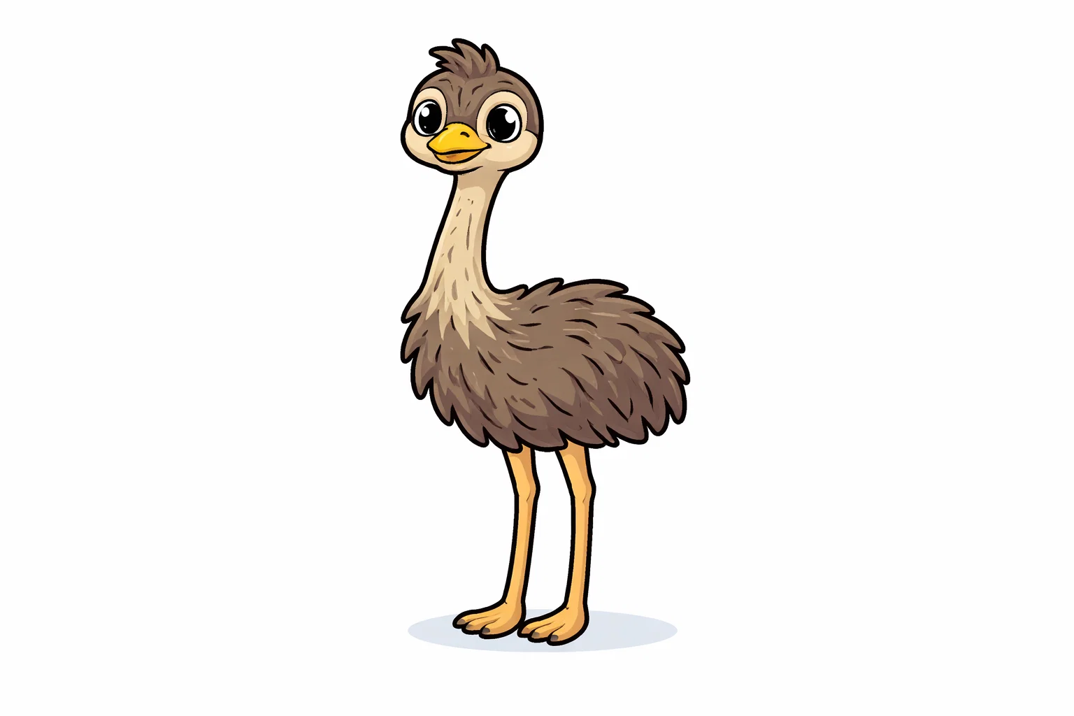 Emu cartoon bird with long legs and fluffy feathers.
